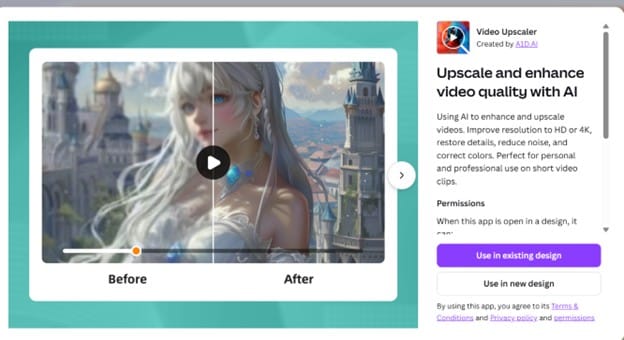 canva video upscaler app page