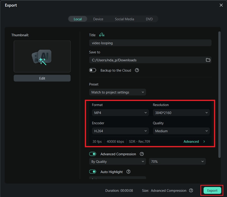 export the loop video