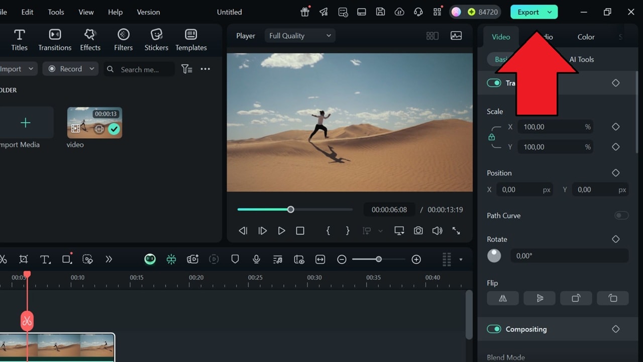 click export button in filmora