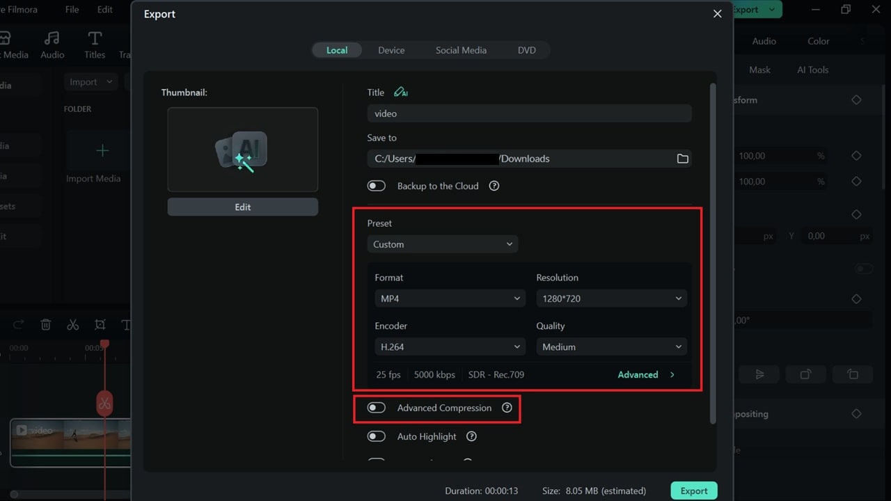 filmora adjust video resolution settings