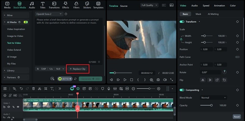 select replace clip on text to video