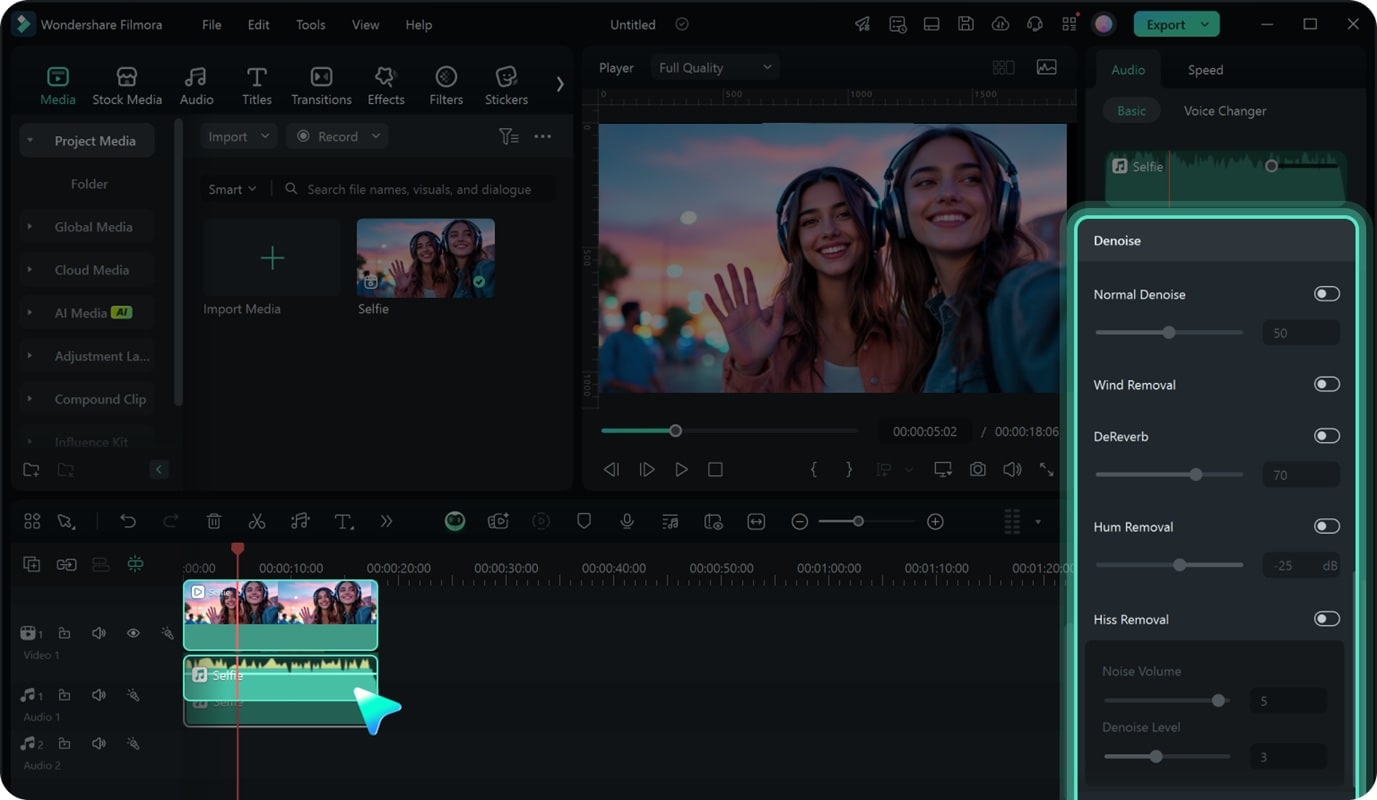 filmora ai denoise feature