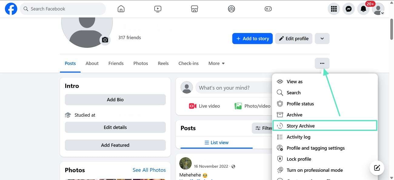 click story archive button facebook pc