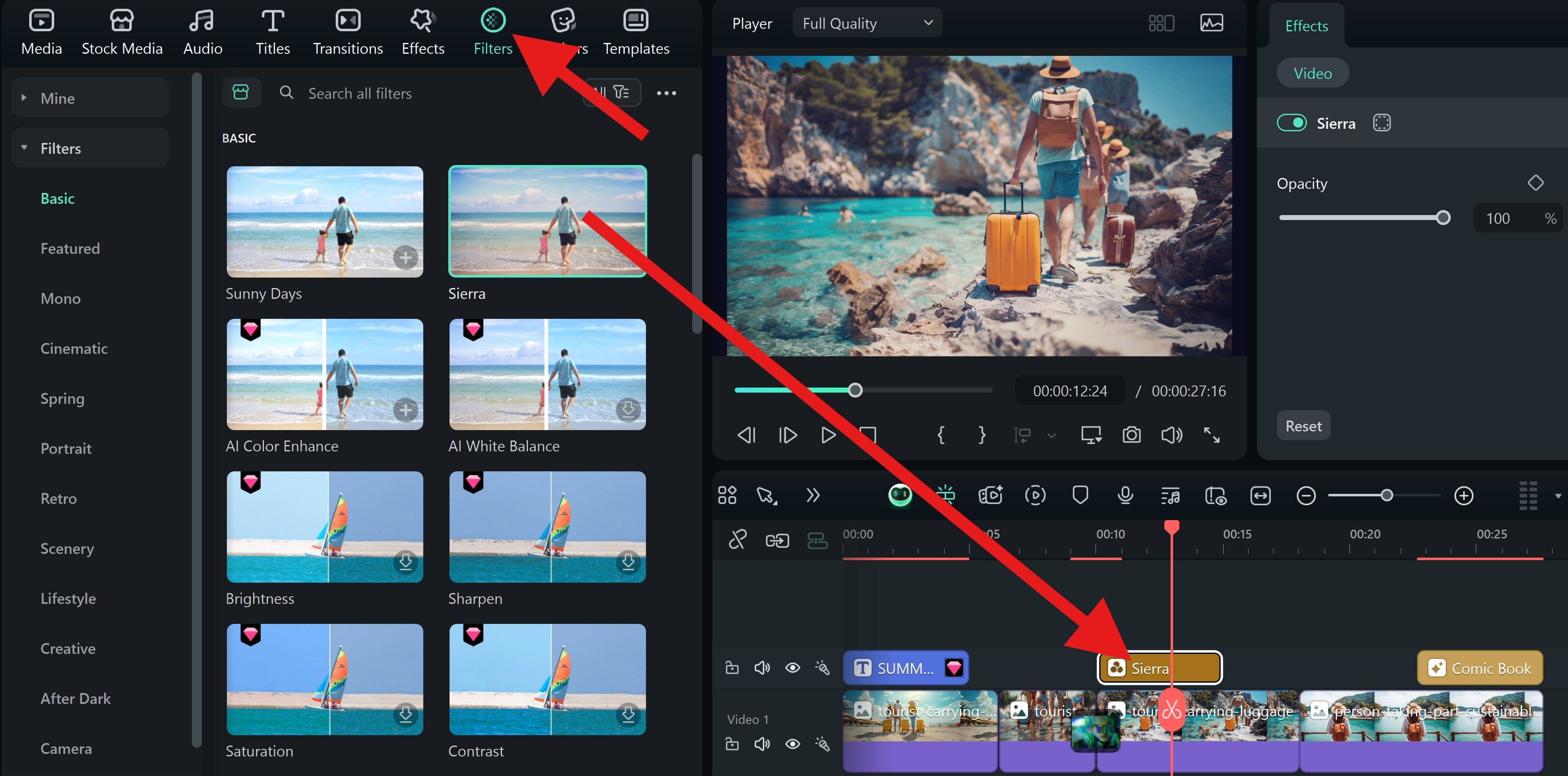 add filters to clips in timeline