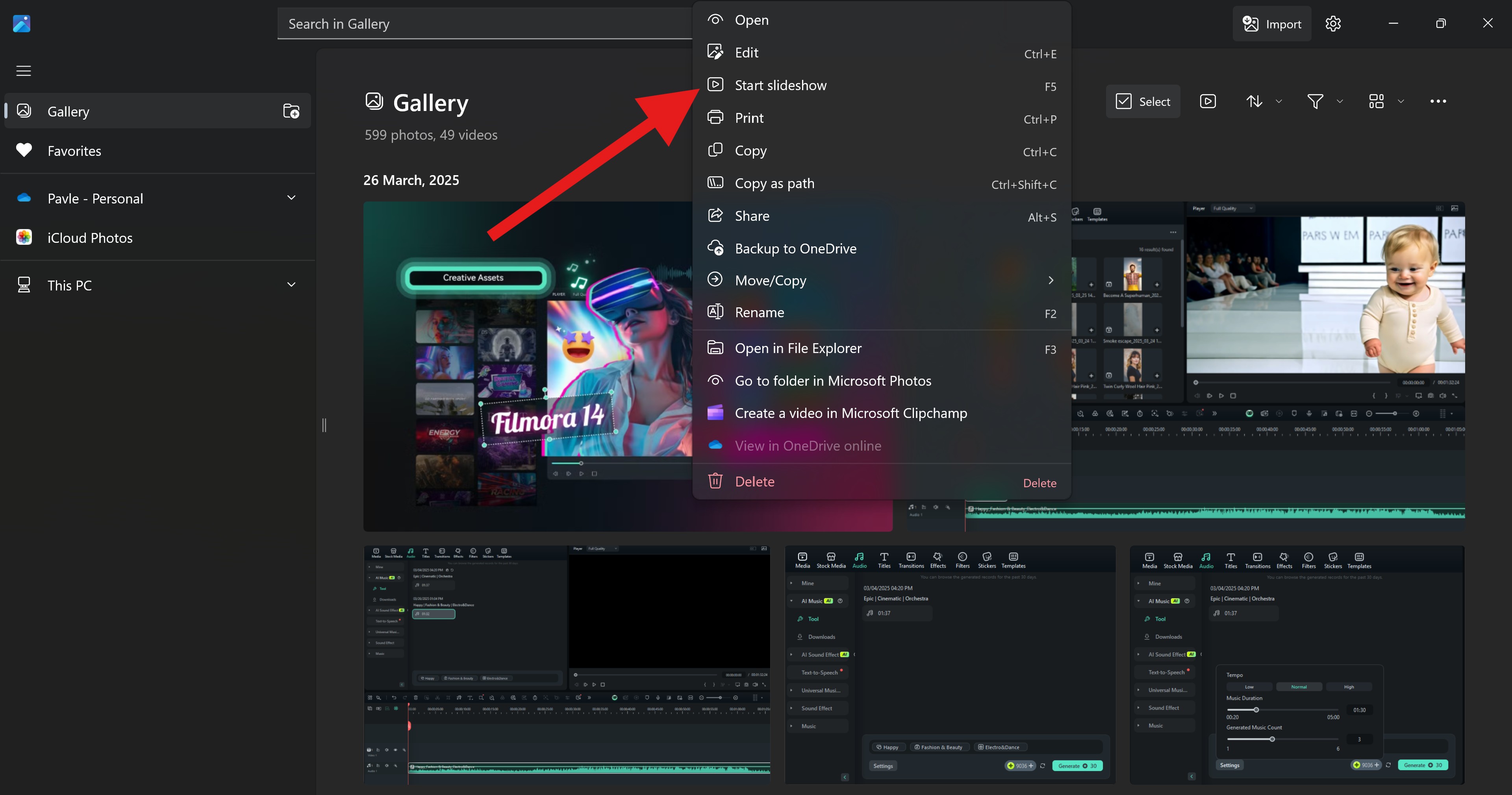 start a slideshow with photos windows