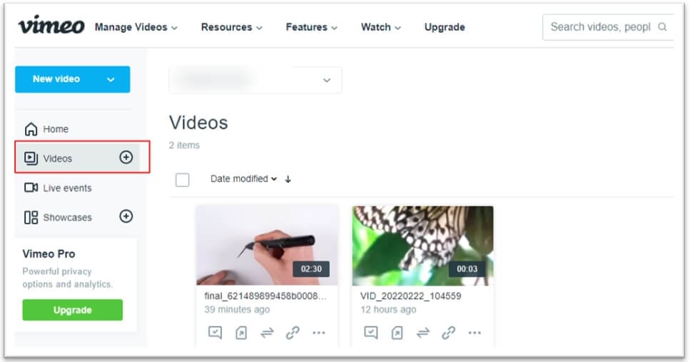 vimeo video manager videos Option