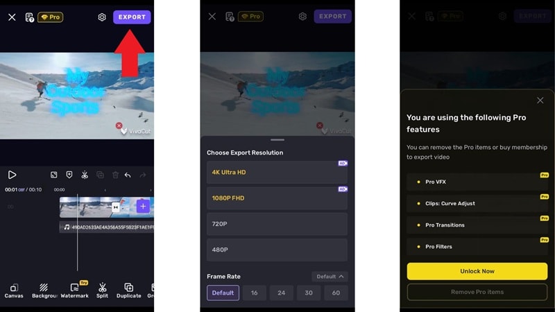 exporting project in vivacut app