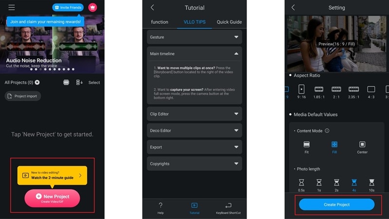 vllo app interface and start project