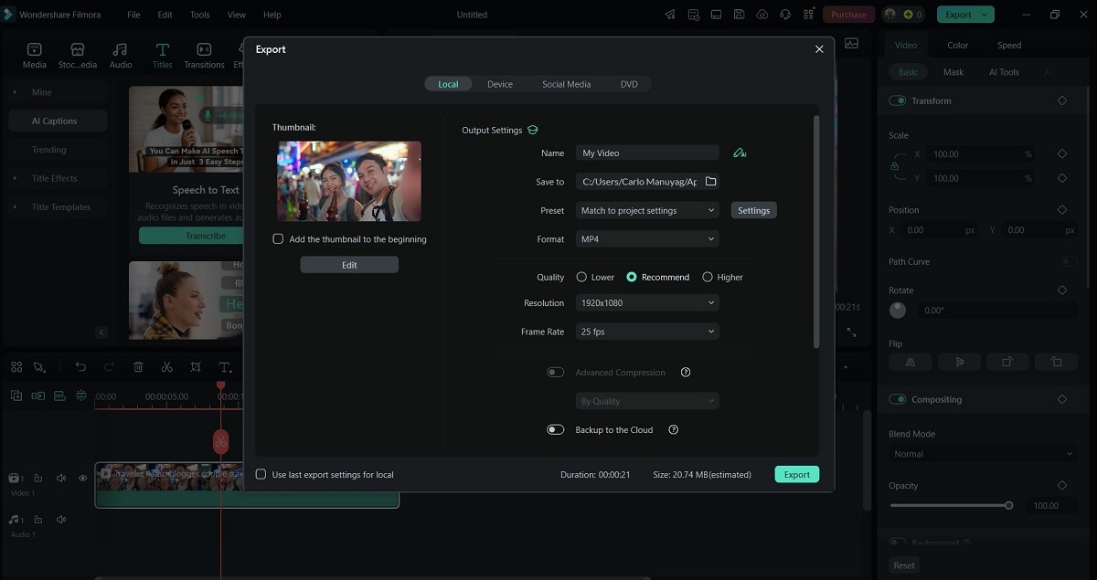 filmora export window