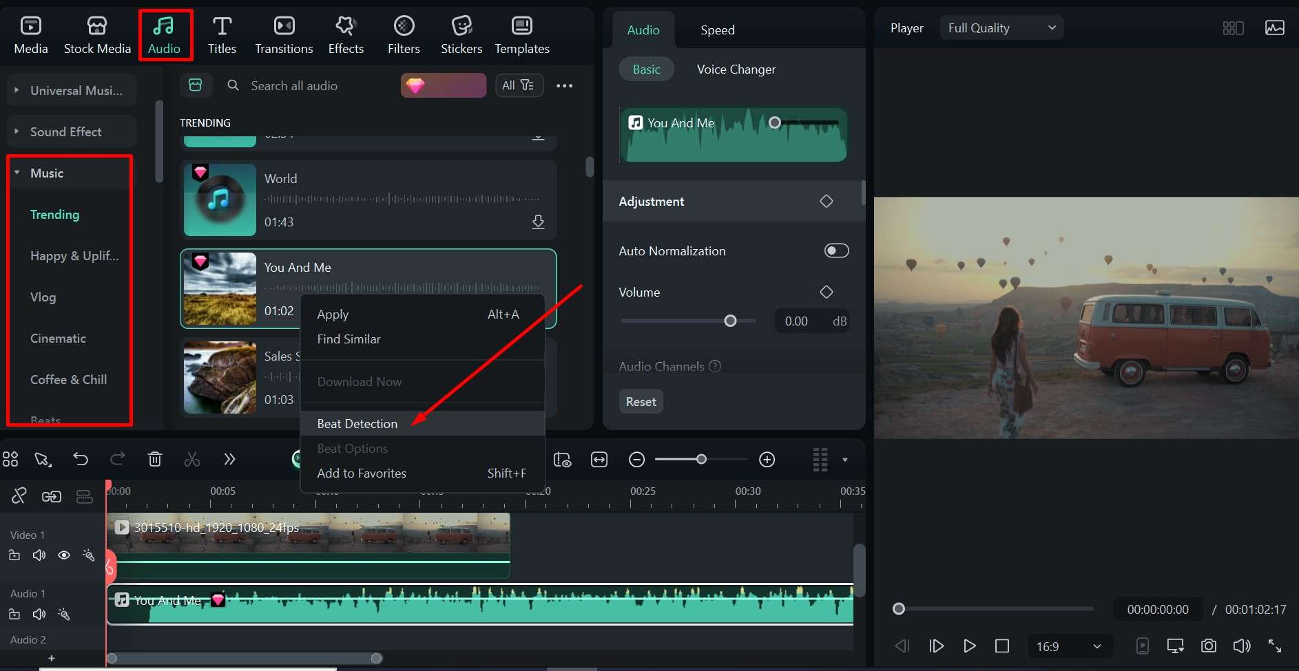 filmora beat detection