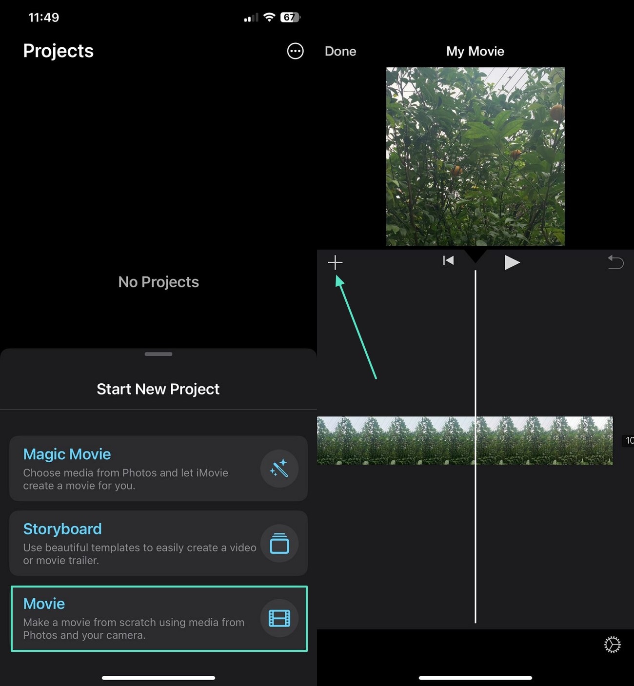access imovie and hit plus icon