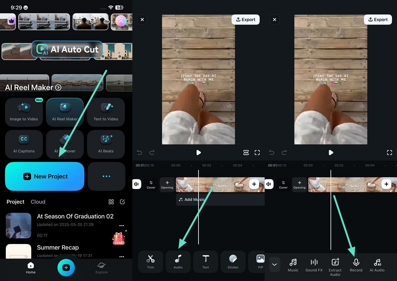 new project add audio filmora app
