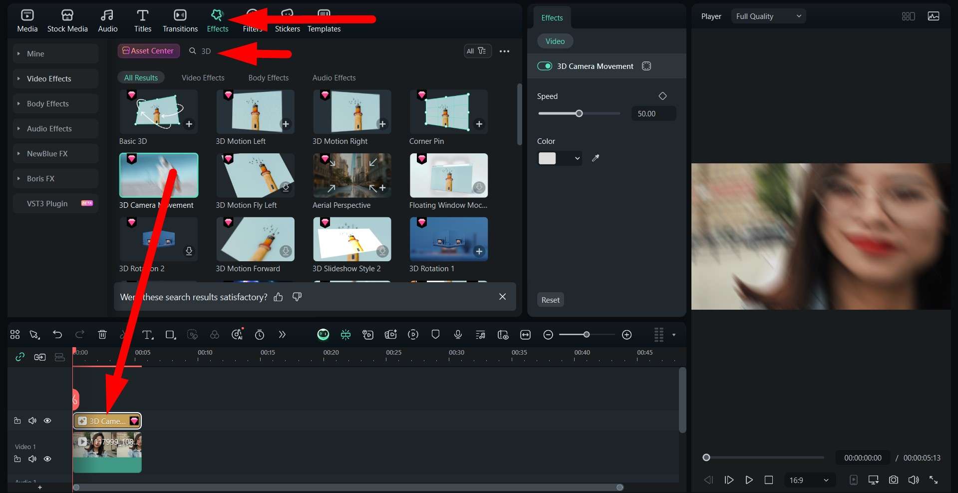 drag 3d video effect to timeline