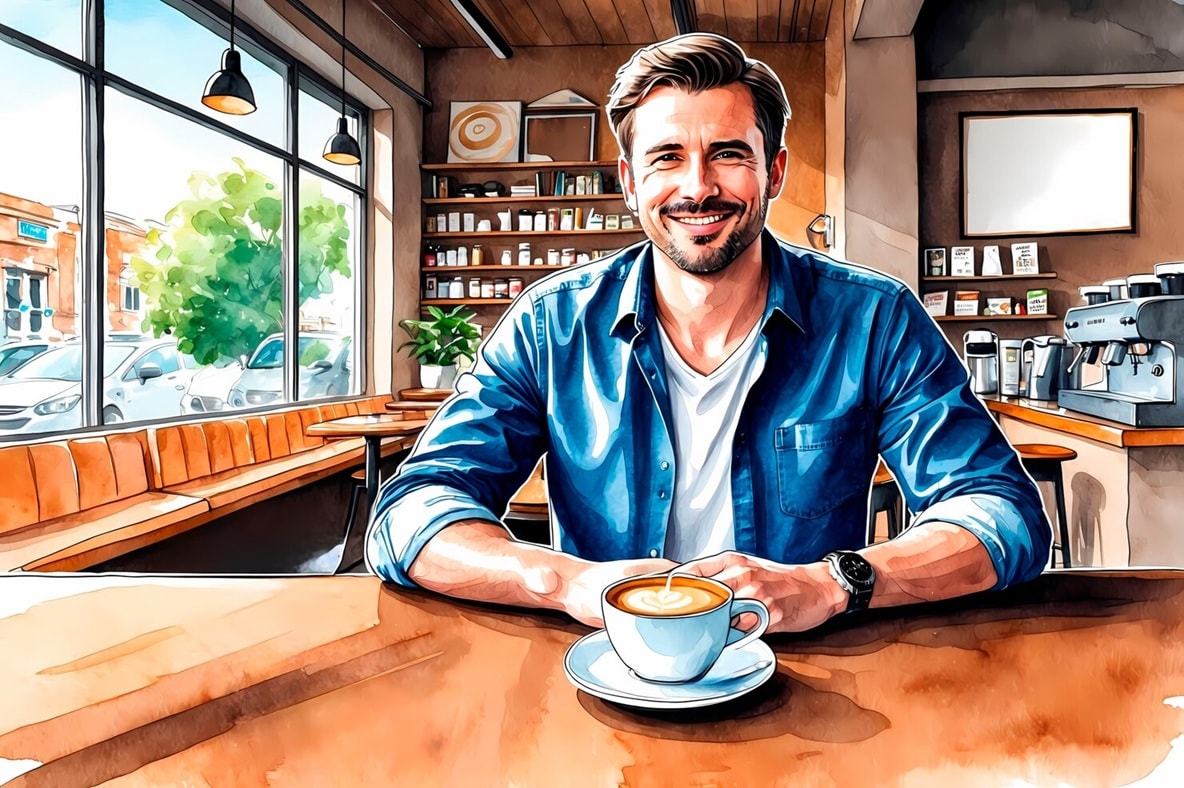 man with coffee cup watercolor filter