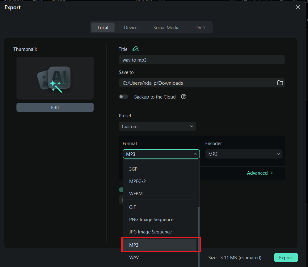 select mp3 file format