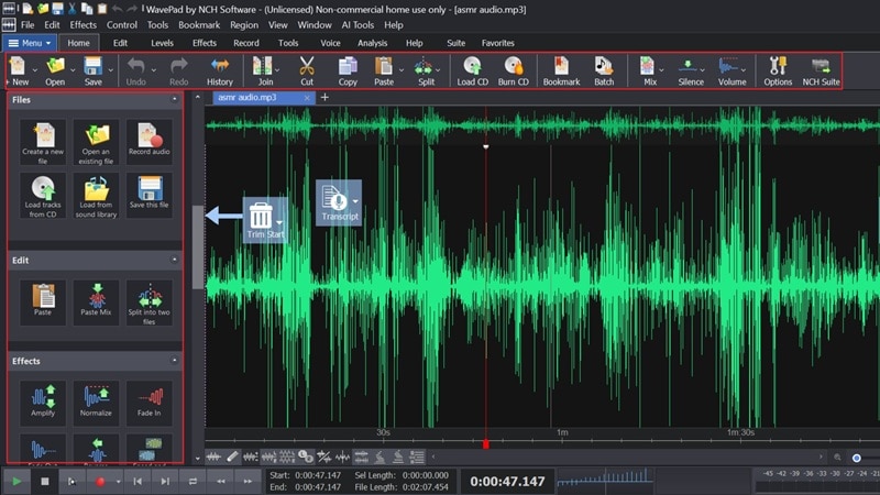 editing interface in wavepad editor