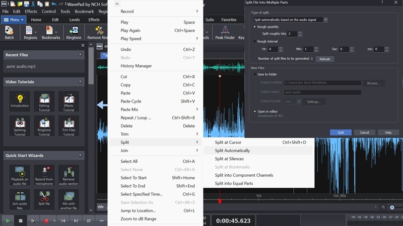 split audio clips automatically in wavepad