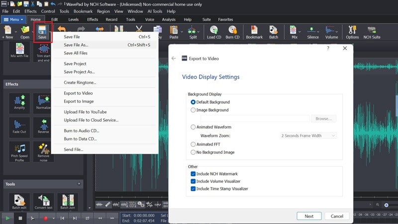 exporting your project in wavepad