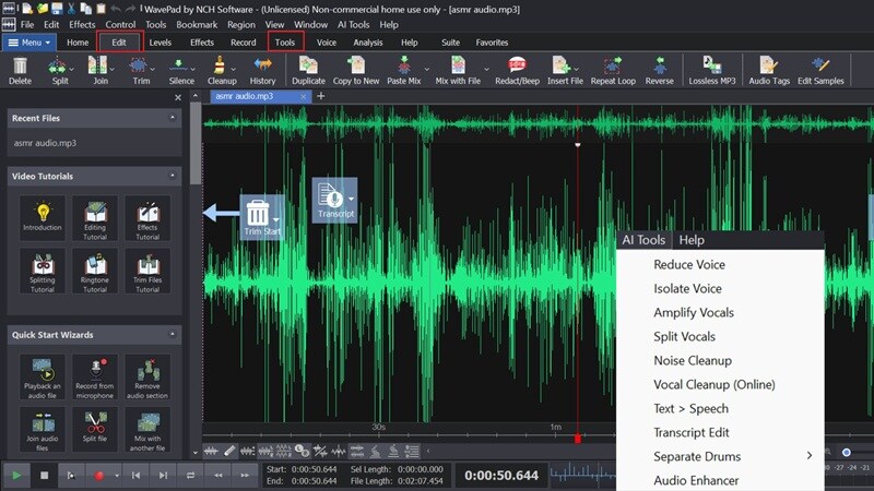 editing and tools menu in wavepad