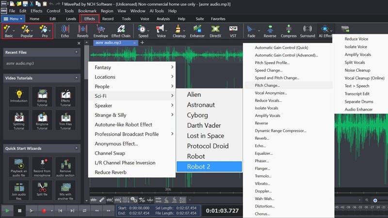 wavepad sound effects menu and categories