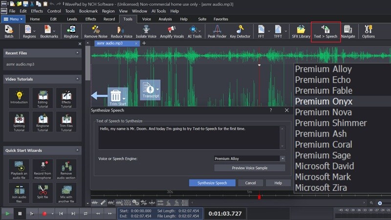 text to speech feature in wavepad
