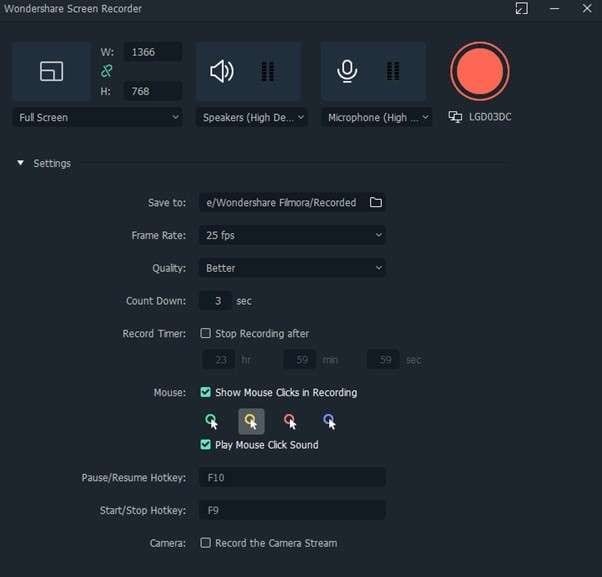 Filmora recorder configuration window showing optimal settings for WebRTC content capture