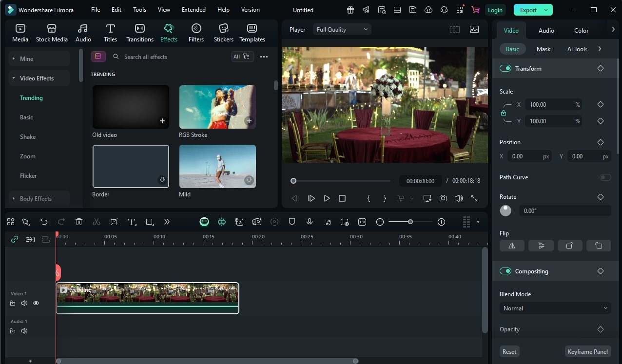 Filmora Effects tab open with wedding filters visible.