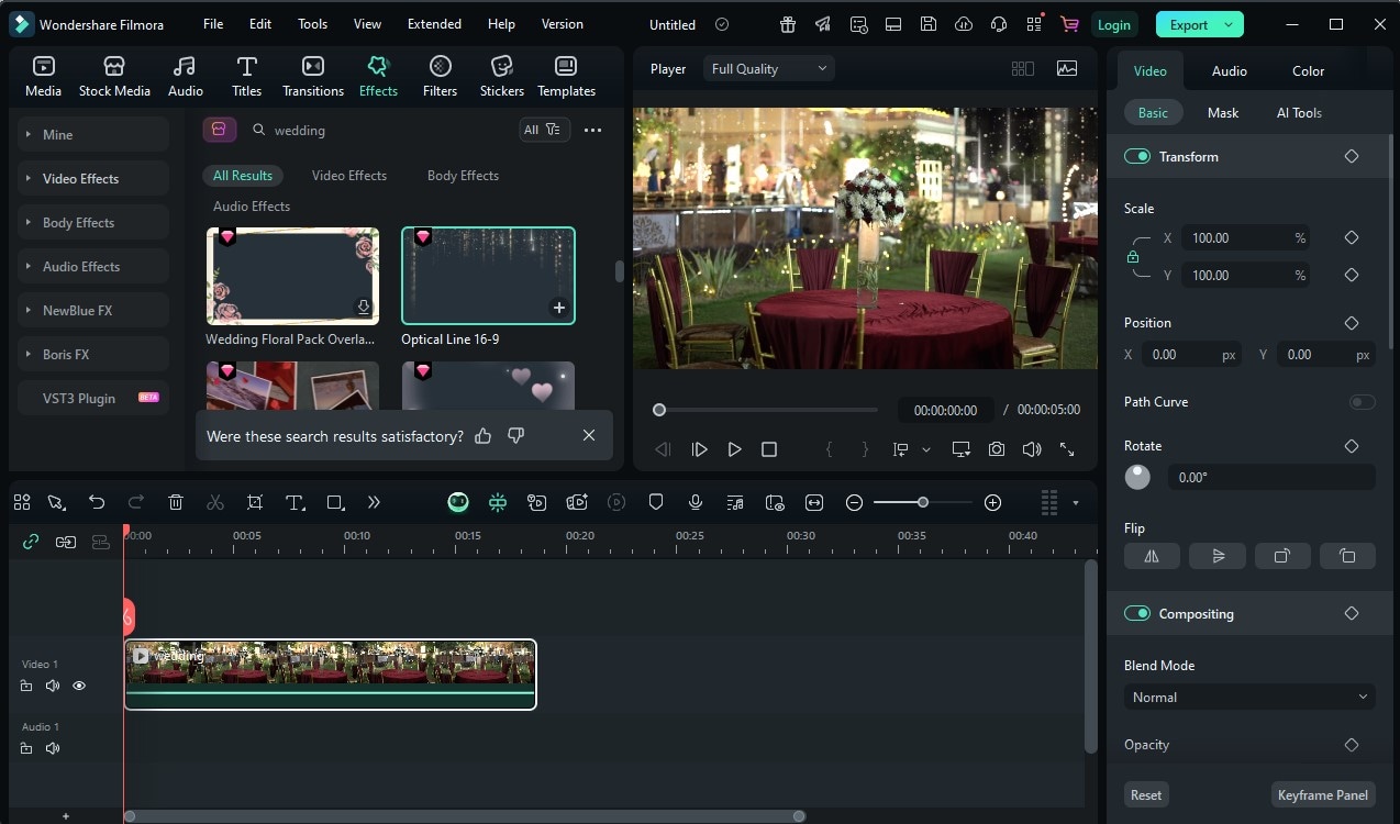 Dragging a wedding filter effect onto a clip in Filmora’s timeline.