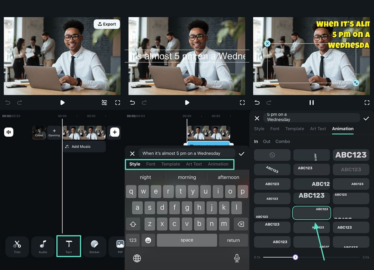 enter and animate text filmora app