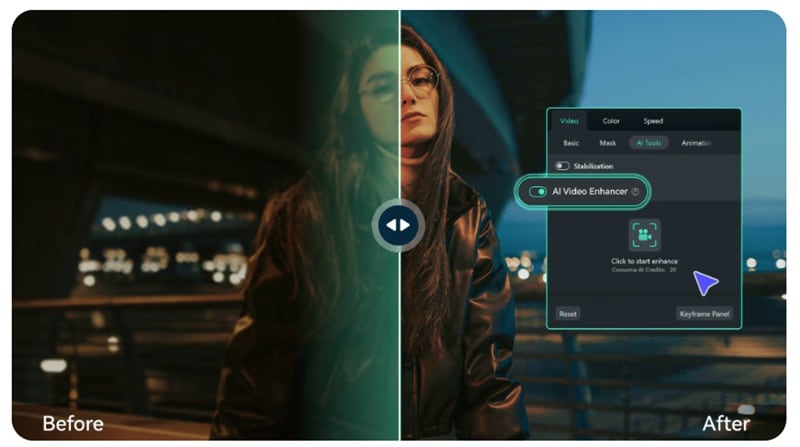before and after filmora ai upscaling
