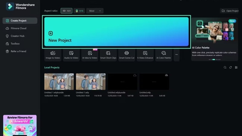 create a new project in filmora