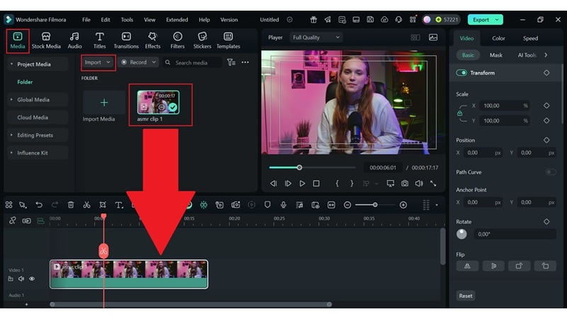drag your clip to the timeline