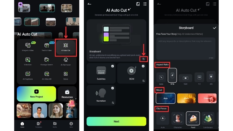 access ai auto cut and set storyboard
