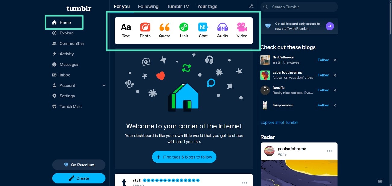 navigate through tumblr homepage