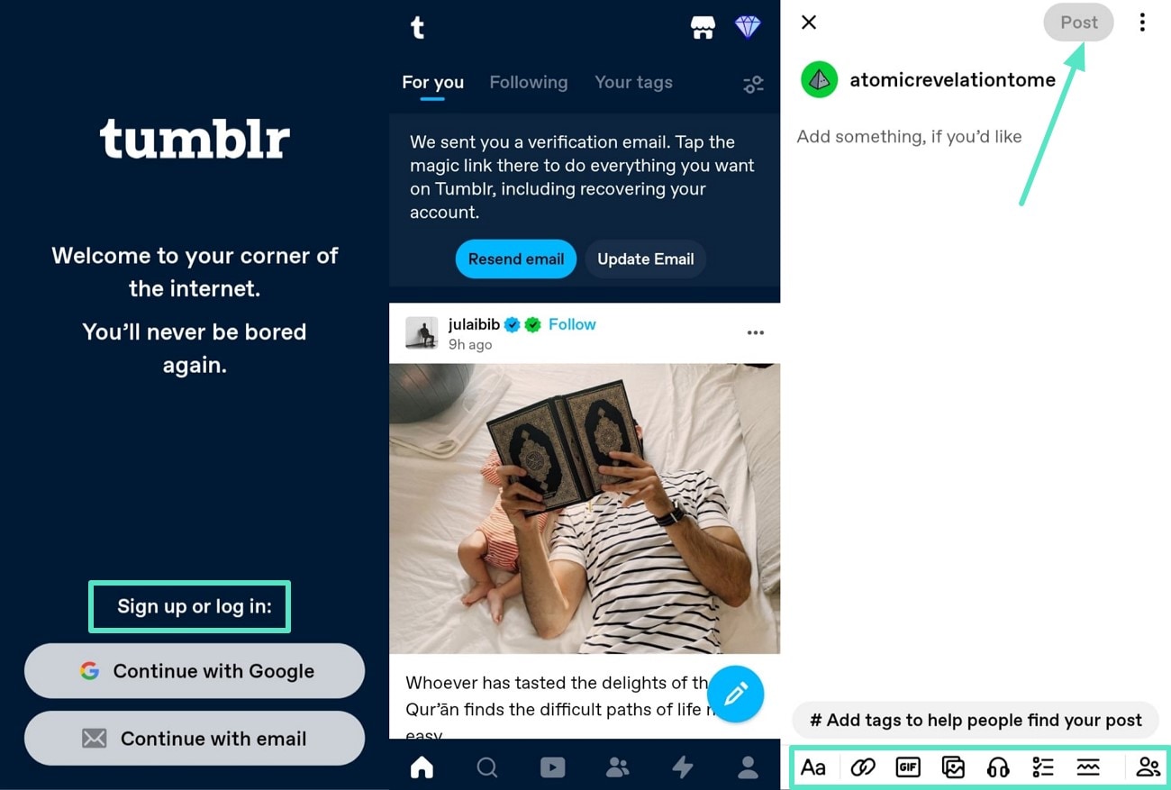 use tumblr app and post