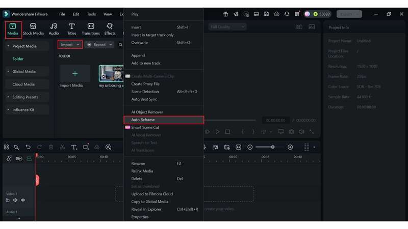 open the auto reframe in filmora