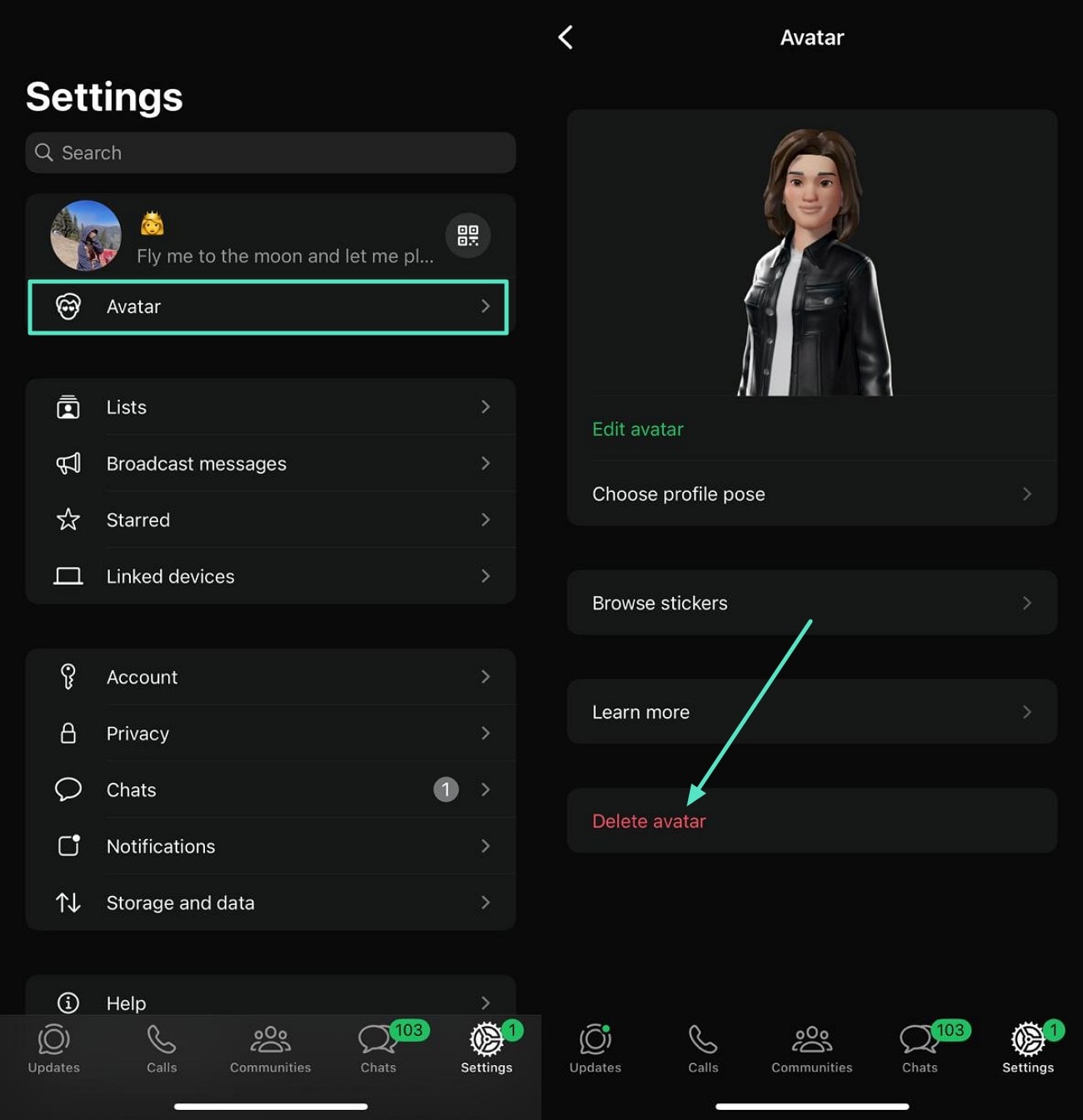 delete created avatar