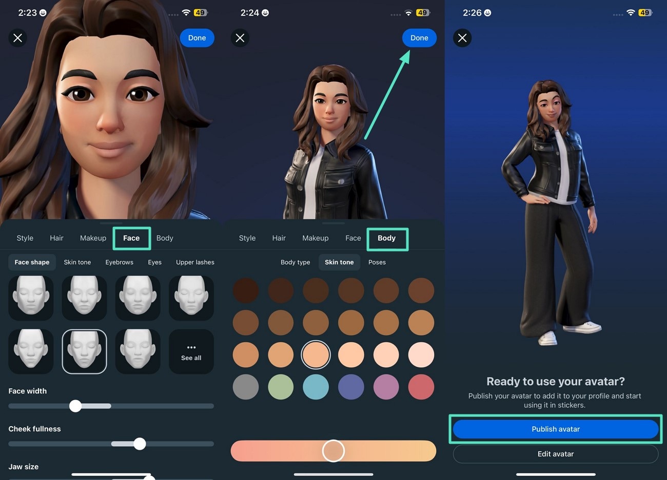 customize face body and publish avatar