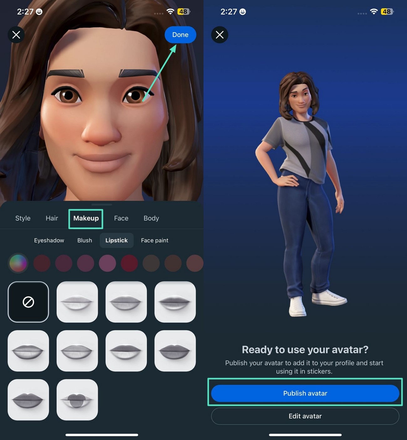 apply makeup and publish avatar