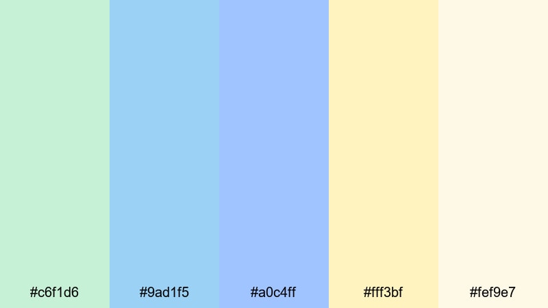 whispering meadow sky green blue yellow color palette with hex codes