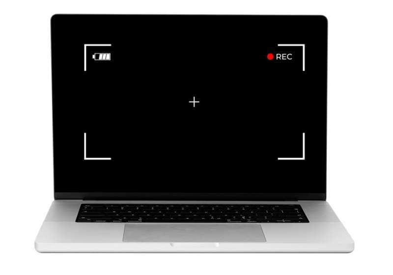 macbook with record logo