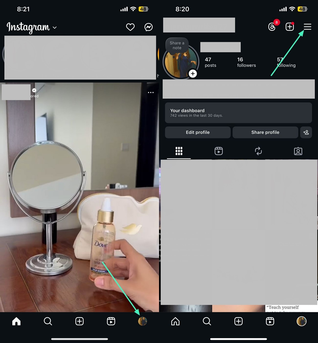 access instagram settings from profile