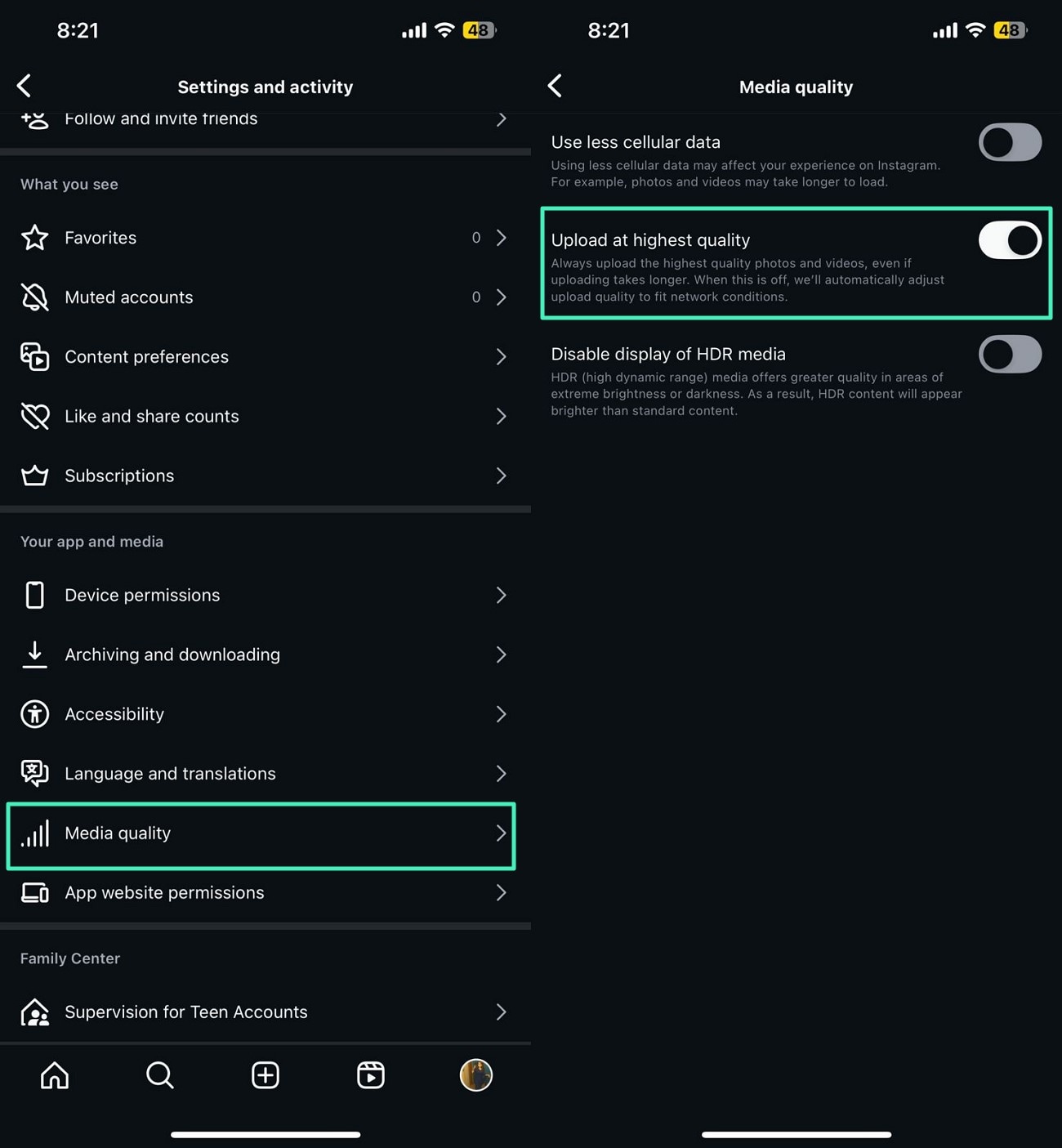enable upload at highest quality to prevent blurry instagram posts