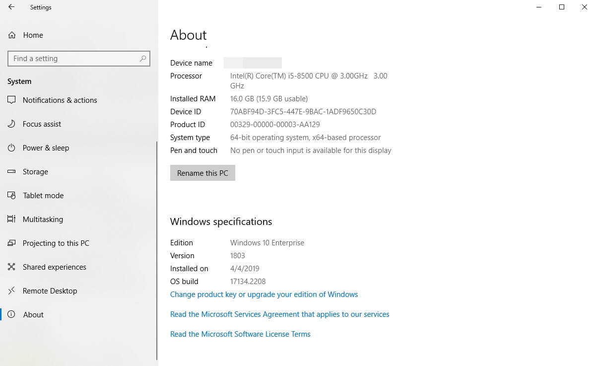 Windows 10 Spezifikationsinformationen