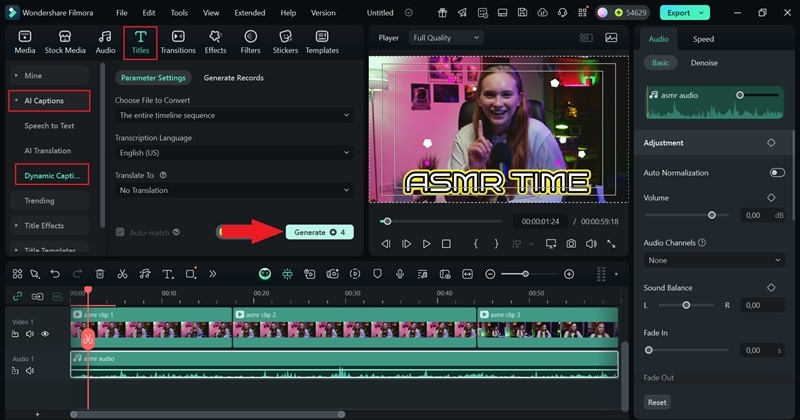 accessing filmora ai caption feature