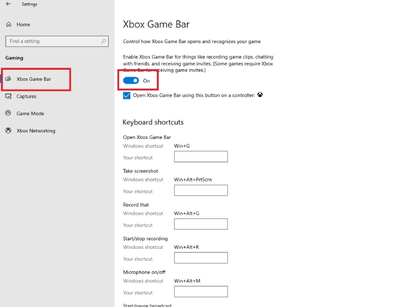 ajustes de windows para la barra de juegos de xbox
