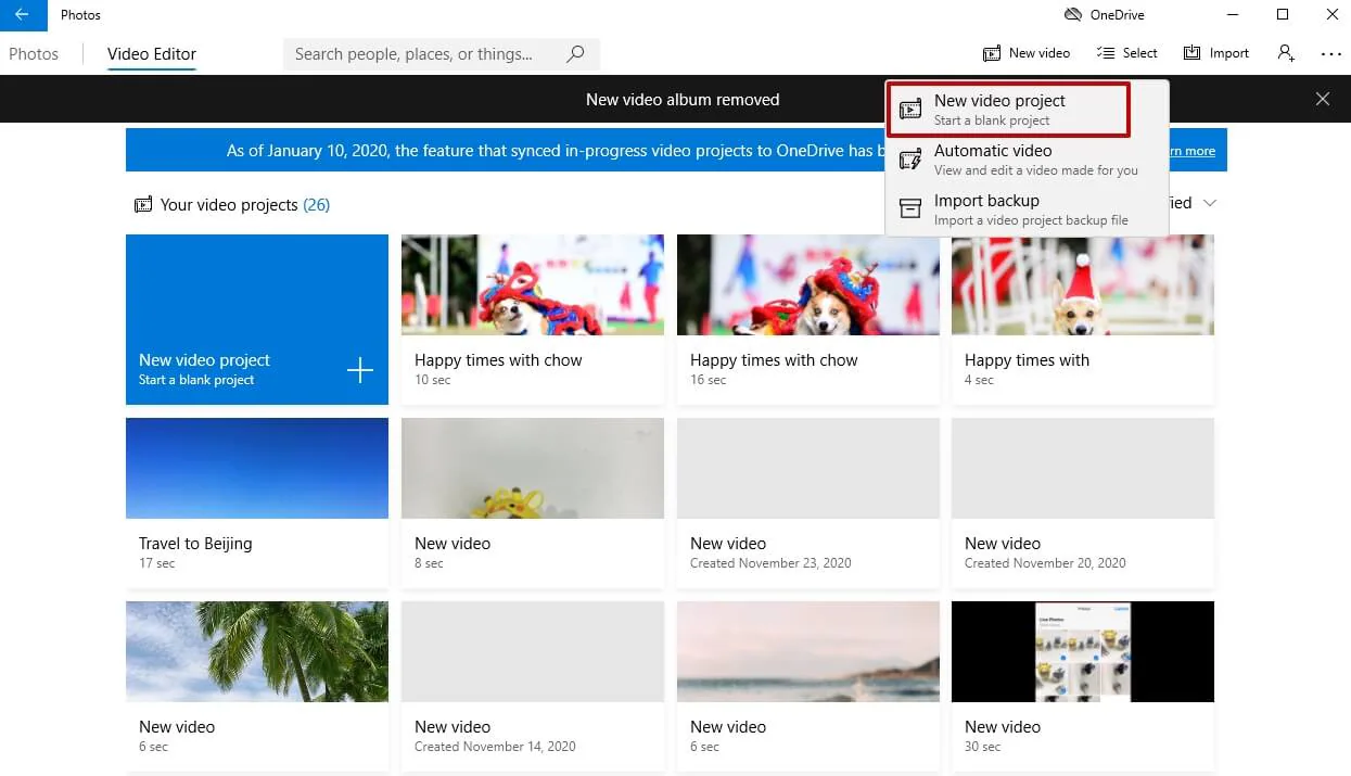 Proyek Video Baru Windows 10