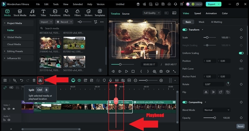 use split tool to cut clips