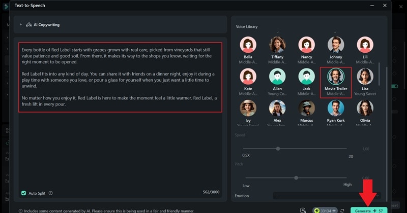 write script pick voice and generate