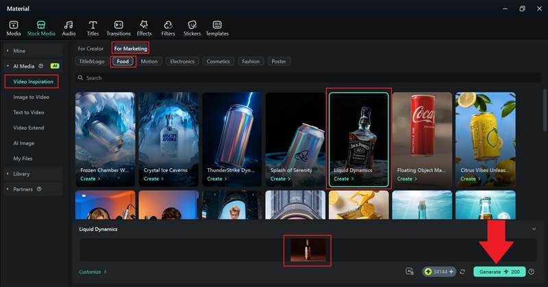 select liquid dynamic template and generate